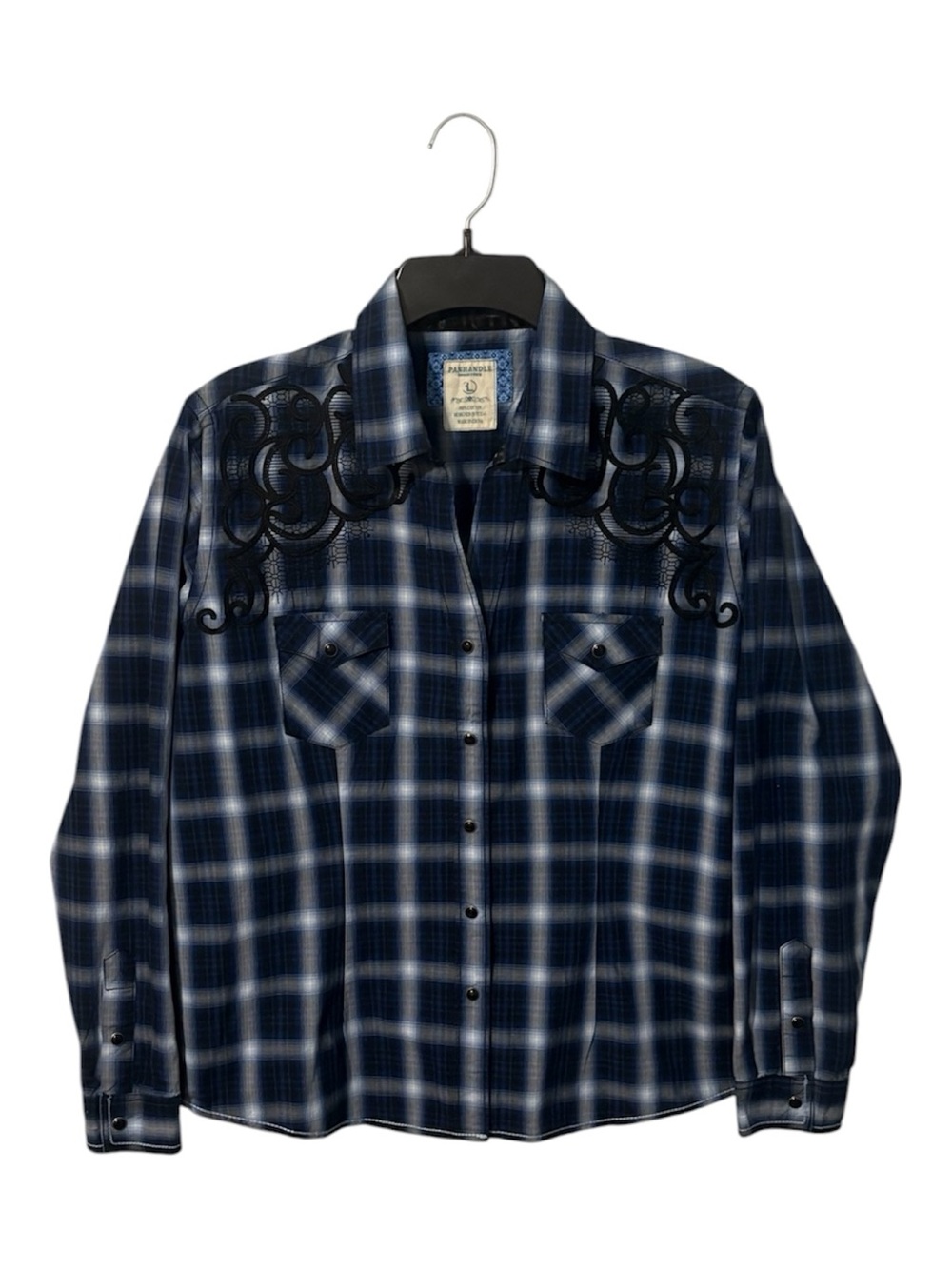 Panhandle Slim Western Plaid Cowgirl Shirt Pearl Snaps Embroidered Black Blue